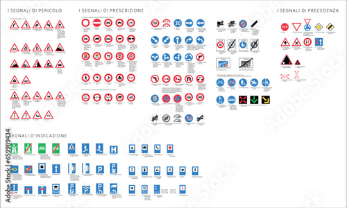 Set completo di tutti i segnali stradali aggiornati alla normativa 2023. Cartelli stradali photo