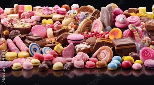 delicious sweets on abstract background, colored chocolates and sweets on the table, colorful sweets wallpaper, sweets banner