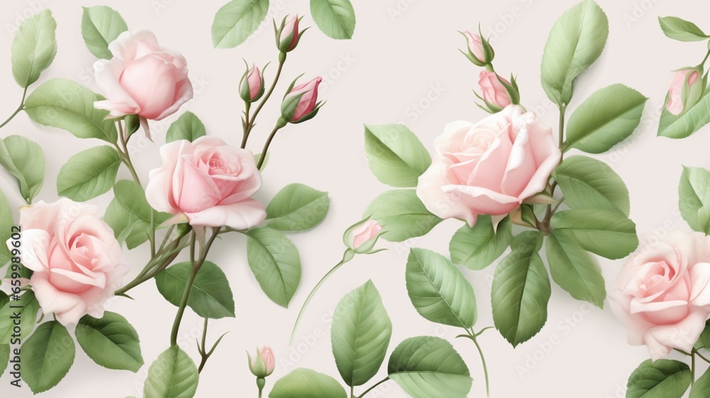 BLUSH PINK SEAMLESS 3D ROSESrose buds FLOWERS GREEN.Generative AI