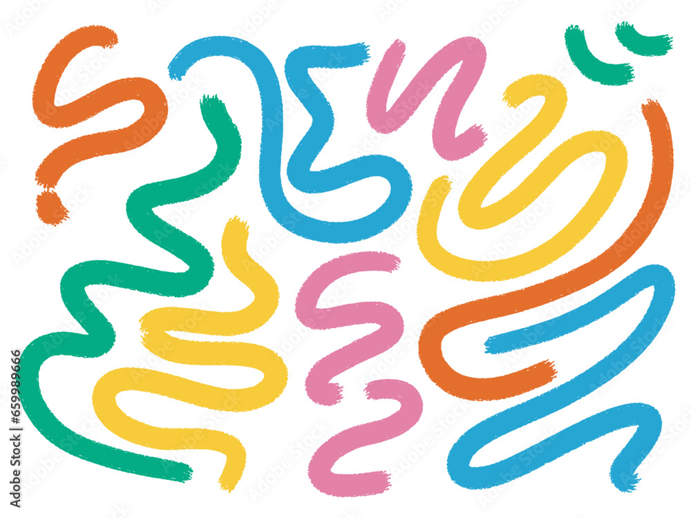 Colourful wavy bold lines, brush strokes, hand drawn set. Isolated on white. Vector scribbles and doodles. Colourful wavy bold lines, brush strokes, hand drawn set. Isolated on white. Vector scribbles and doodles.