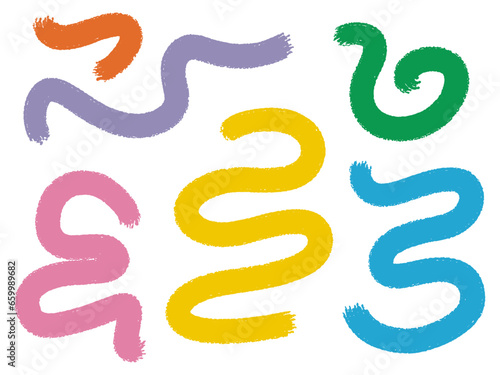 Colourful wavy bold lines, brush strokes, hand drawn set. Isolated on white. Vector scribbles and doodles. 