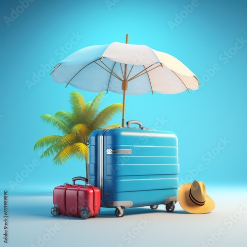 Luggage, blue umbrella and a ball for summer holiday Time to travel concept