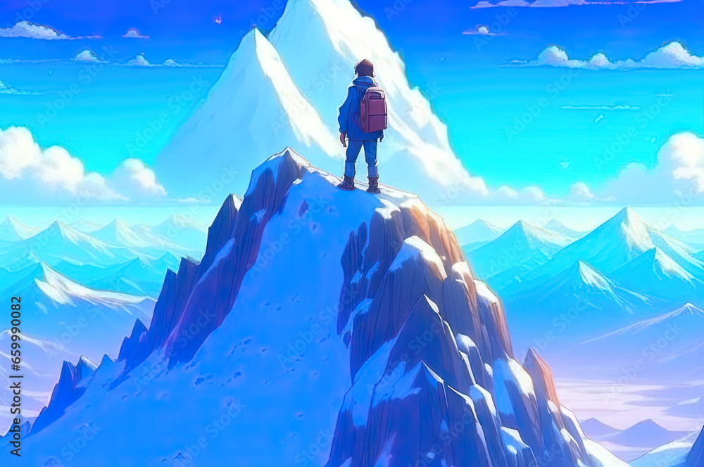 a man in a winter suit stands on a high snowy mountain. AI GENERATOR