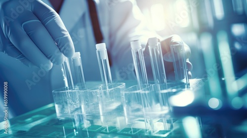 Close-up photo of a healthcare professional doctor hand in glove using medical equipment tubes for scientific investigation and microscopic analisys