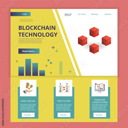 Blockchain technology flat landing page website template. Basic income, peer-to-peer, online loan. Web banner with header, content and footer. Vector illustration.