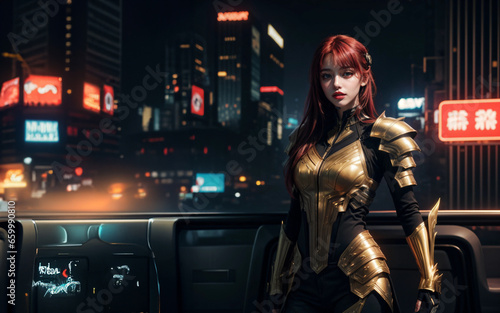 Soldado futurista en vehículo , ciudad de fondo 