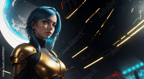 Mujer joven en nave espacial 