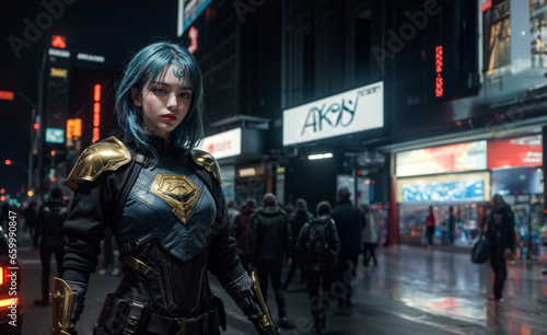 Mujer posa en ciudad, estilo cyberpunk