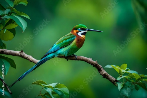 kingfisher on branch,A graceful bird, a bee-eater, perched on a branch in the heart of a lush, verdant forest