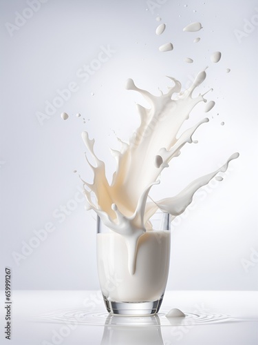 Pour fresh milk into a glass with a small splash. Isolated on a white background © SJarkCube