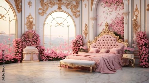 Design a princess-themed luxury bedroom for girls with a 3D background view of a majestic palace garden  complete with elegant fountains and blooming roses.