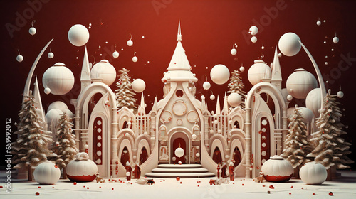 White Christmas toy castle with festive ornaments background. Church, merry, miniature, holiday season Generated AI. © Florin
