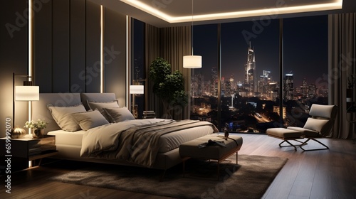 Design a sophisticated luxury bedroom with a workers-loving 3D background view of a bustling cityscape, capturing the essence of urban life from the comfort of your room. © Muqeet 