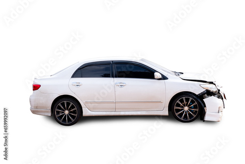 PNG Format of Side view white car get hard damaged by accident on the road. damaged cars after collision. isolated on transparent background  car crash bumper  broken car accident