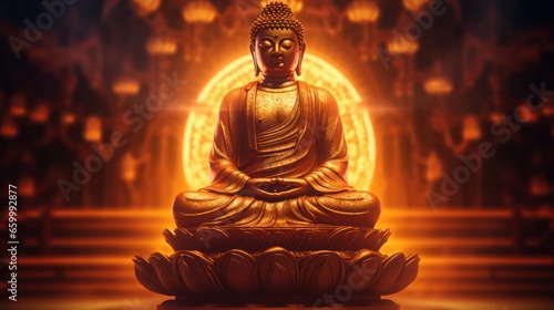 Buddha golden  Brass statue on a golden background. Meditation and zen concept. Banner. Copy space
