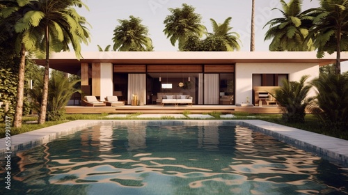 modern simple 200sqm tropical villa with swimming.Generative AI © sudipdesign