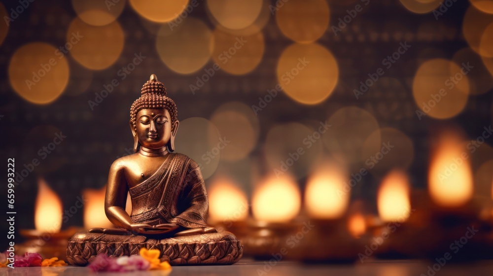 Buddha golden, Brass statue on a golden background. Meditation and zen concept. Banner. Copy space