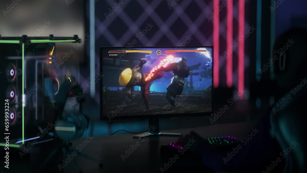 Playing the modern martial arts fighting game. Fighting the enemy character in the online