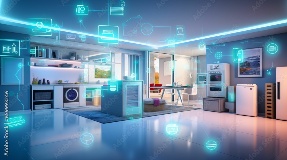 Smart home concept connecting objects in the house interior with artificial intelligent technology Smart home concept connecting objects in the house interior with artificial intelligent technology