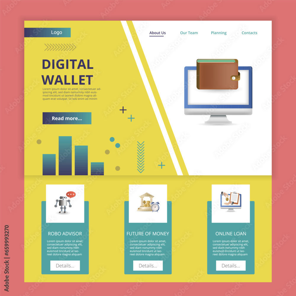 Fototapeta premium Digital wallet flat landing page website template. Robo advisor, future of money, online loan. Web banner with header, content and footer. Vector illustration.
