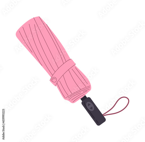 Folded pink umbrella. Rain protection, tied closed parasol isolated on white background. Pink compact collapsible umbrella in flat style. Accessory for rainy weather. Vector illustration
