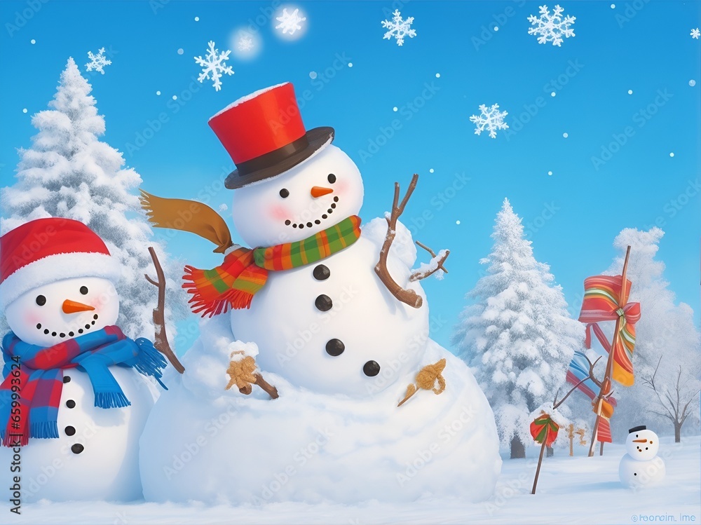 Fototapeta premium Snowman background design with falling snow