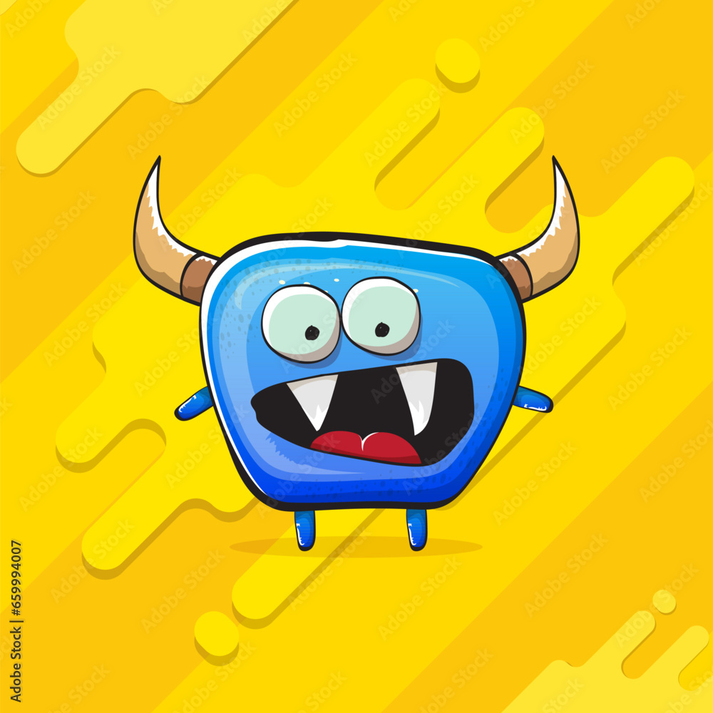 Fototapeta premium Vector cartoon funky blue monster with horn isolated on yellow background. Smiling silly blue monster print sticker design template. Ghost, troll, gremlin, goblin, devil and monster