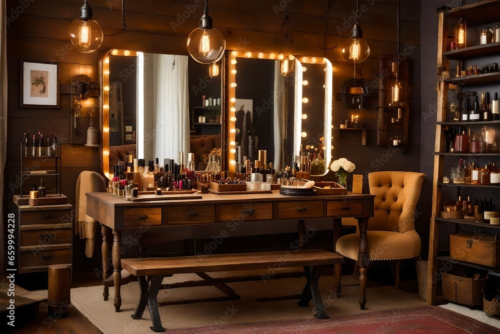 interior design of a room with golden mirror,A luxurious dressing table in an opulent makeup room, adorned with a gleaming mirror surrounded by Hollywood-style bulbs - obrazy, fototapety, plakaty 