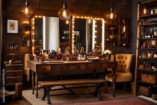 interior design of a room with golden mirror,A luxurious dressing table in an opulent makeup room, adorned with a gleaming mirror surrounded by Hollywood-style bulbs photo