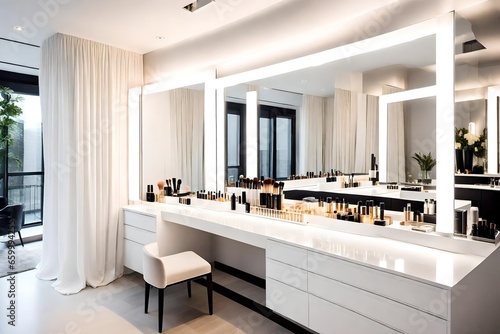 modern room interior  A luxurious dressing table in an opulent makeup room  adorned with a gleaming mirror surrounded by Hollywood-style bulbs