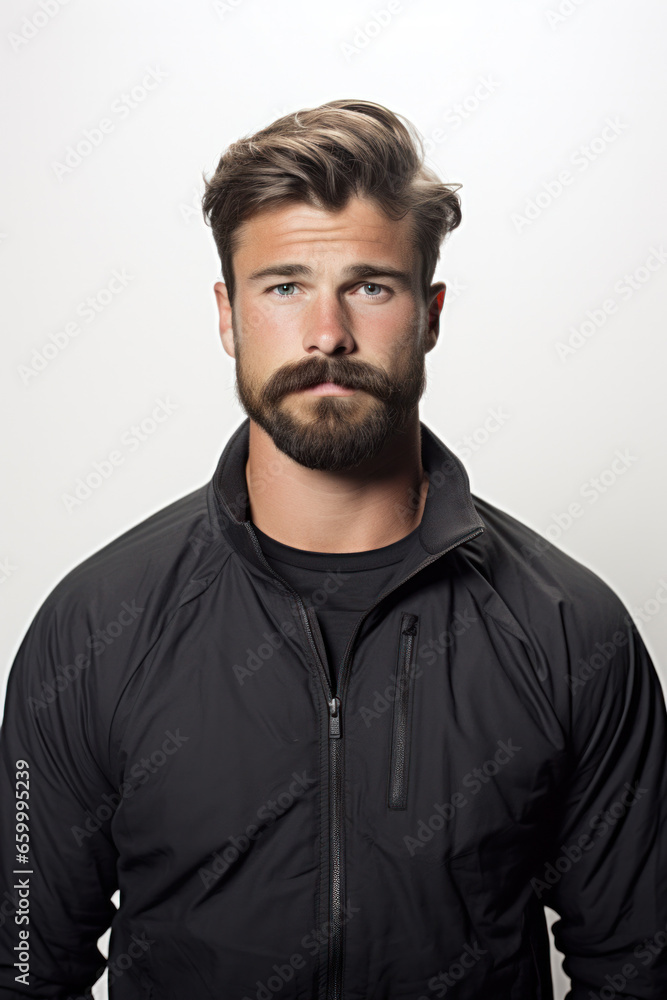 Obraz premium Portrait of young sports european man with moustache in support of men's health and movember global community, wear in casual