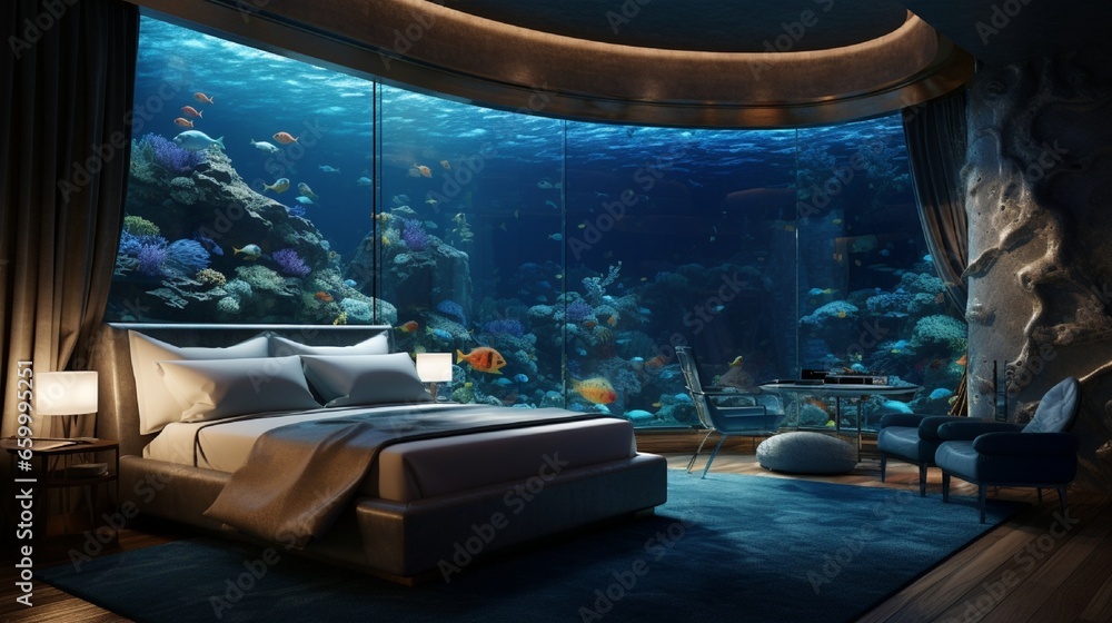 Fototapeta premium Design an underwater-themed luxury bedroom with a wall-sized aquarium showcasing exotic marine life, providing a stunning view of the ocean's wonders.