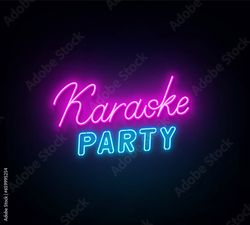 Karaoke party neon lettering on dark wall background.