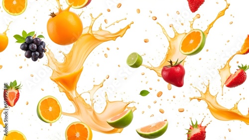 Fruit salad falls into splashing orange juice Isolated white background