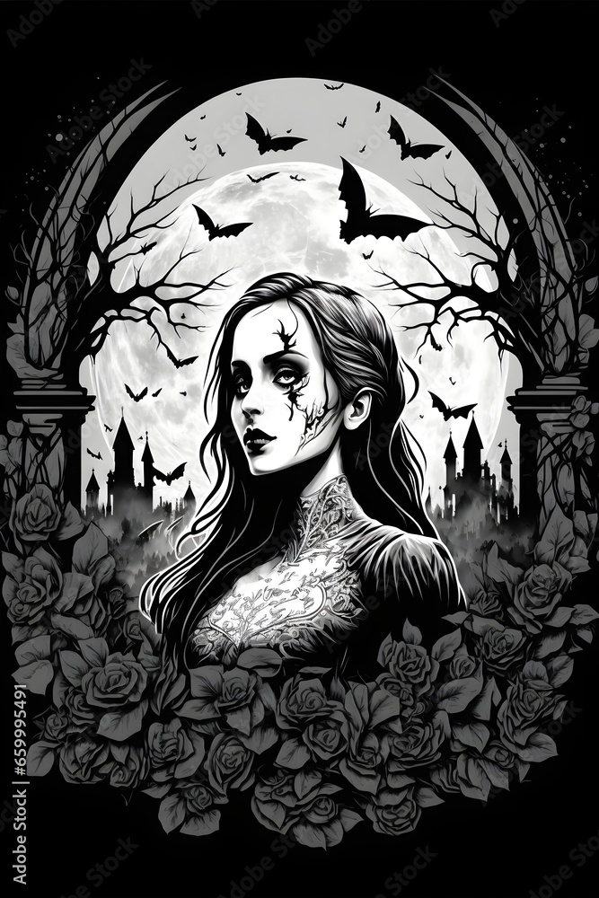 a black and white vector drawing of a beautiful vampire woman graveyard cemetery tattoo design drips black background 