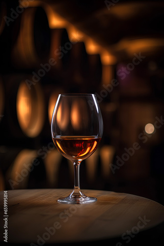 Glass of cognac on the table in the cellar of traditional winery.