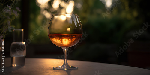 Cognac in the glass on the table outdoors on background of winery yard