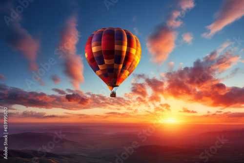 Golden Hour Ascent  Hot Air Balloon Soars Against the Sunset Sky  a Captivating Display of Tranquil Adventure