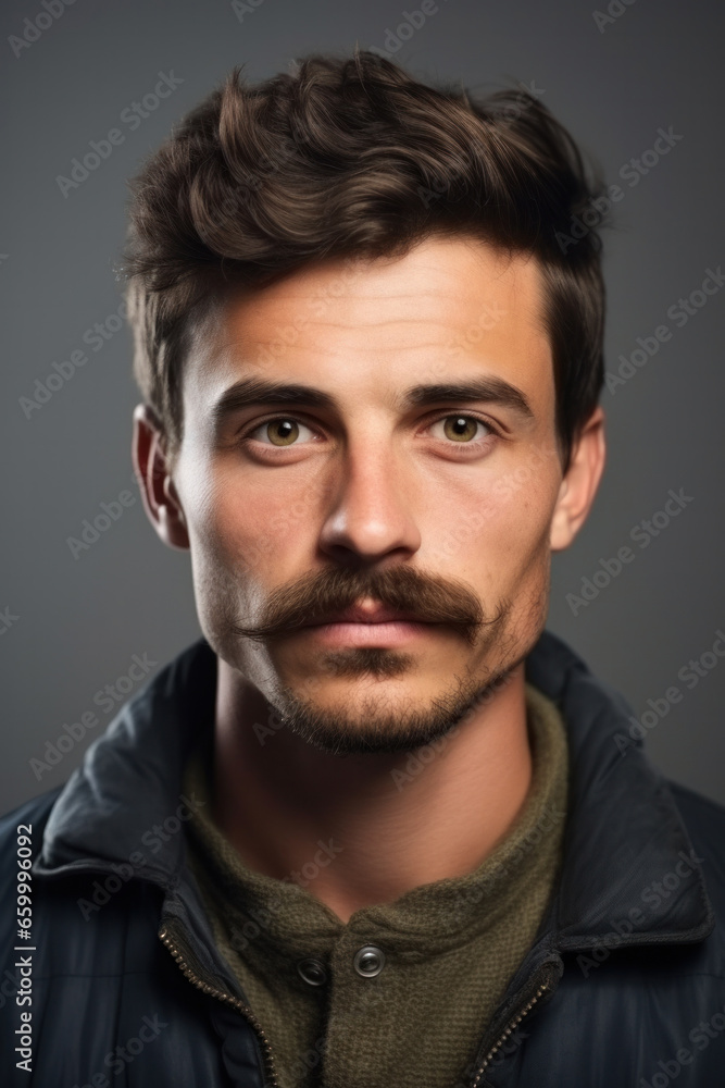 Close up portrait of young european man with moustache in support of men's health and movember global community, wear in casual Close up portrait of young european man with moustache in support of men's health and movember global community, wear in casual