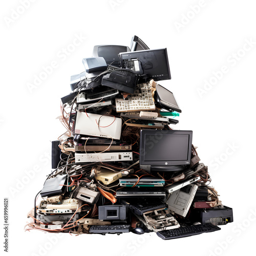Pile of electronic waste such as mobile phones, notebook computers and car batteries that can be used for recycling on a transparent background PNG. Recycling waste concept.
