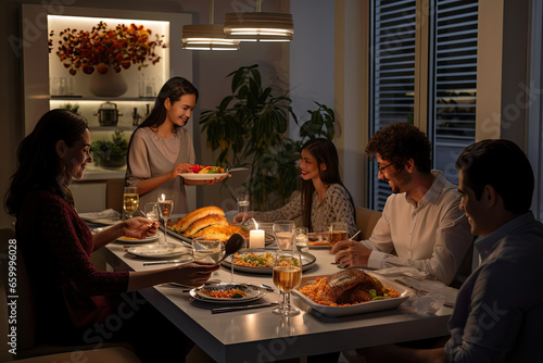 A Thanksgiving tradition where people come together at the family table  enjoying a festive meal and togetherness.