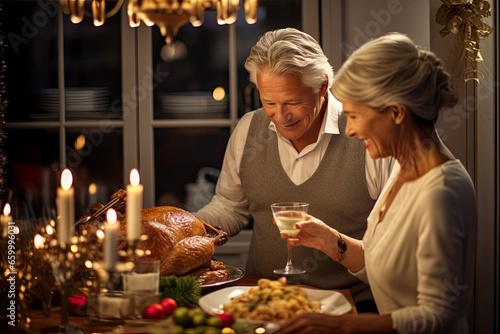 A happy senior couple celebrating together with a Christmas dinner, sharing food, wine, and joyful conversation.