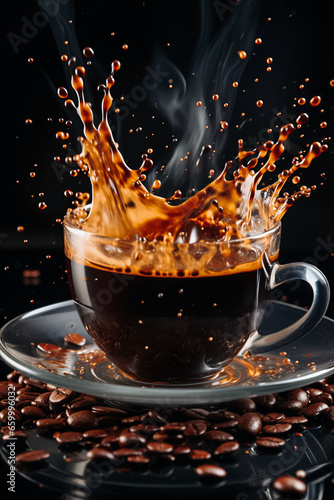 Cup of coffee with floating splashes, drops and coffee beans on a black background. Coffee break concept.