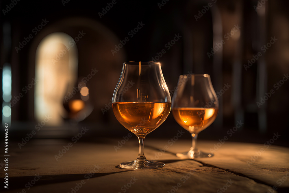 Glasses of cognac on the table in the cellar of traditional winery. Glasses of cognac on the table in the cellar of traditional winery.
