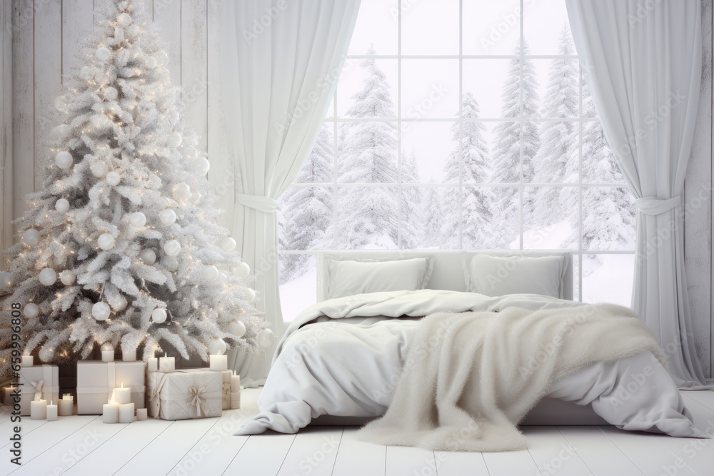White modern bedroom with snowy Christmas tree decorated white balls. Mock up. Background for display or montage your products. Copy space. Luxury hotel for romantic winter weekend.