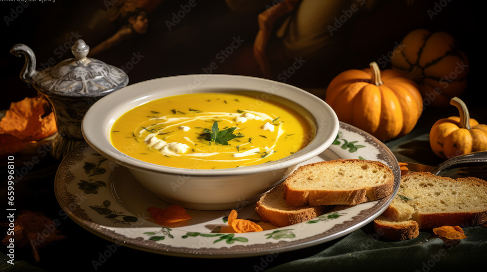 Pumpkin soup meal on a table for cold autumn or winter dinner Pumpkin soup meal on a table for cold autumn or winter dinner