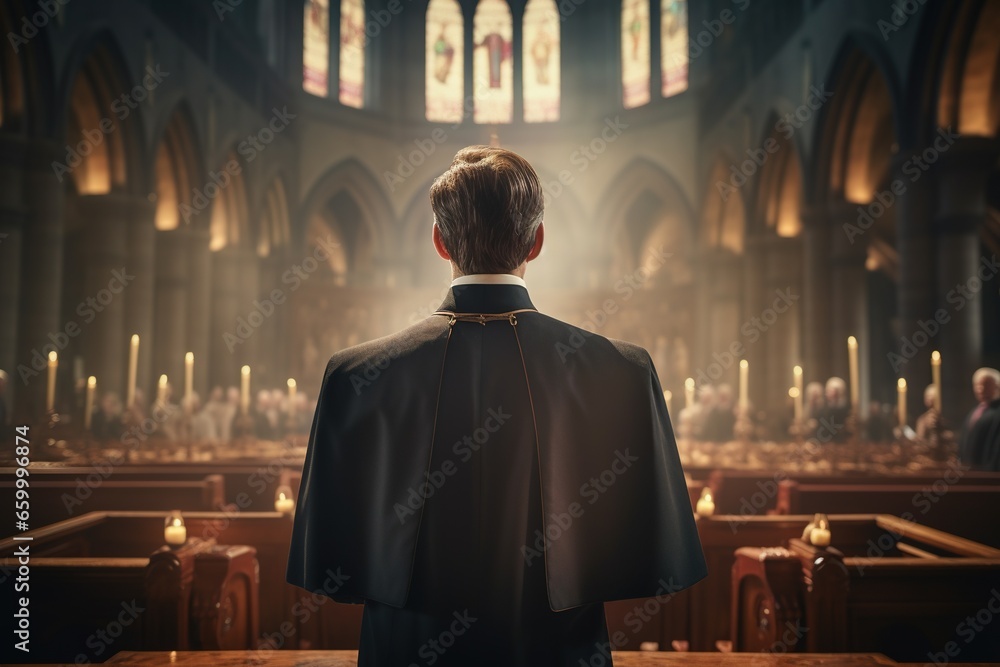 Rear view of priest looking at church interior. Religion concept. Rear view of priest looking at church interior. Religion concept.