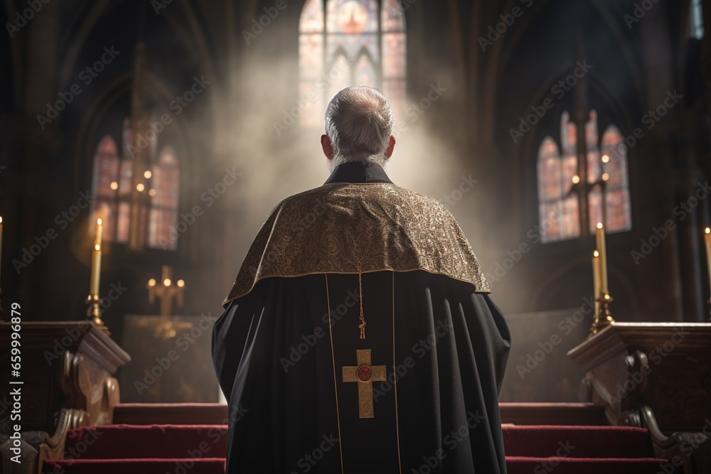 Rear view of priest looking at church interior. Religion concept. Rear view of priest looking at church interior. Religion concept.