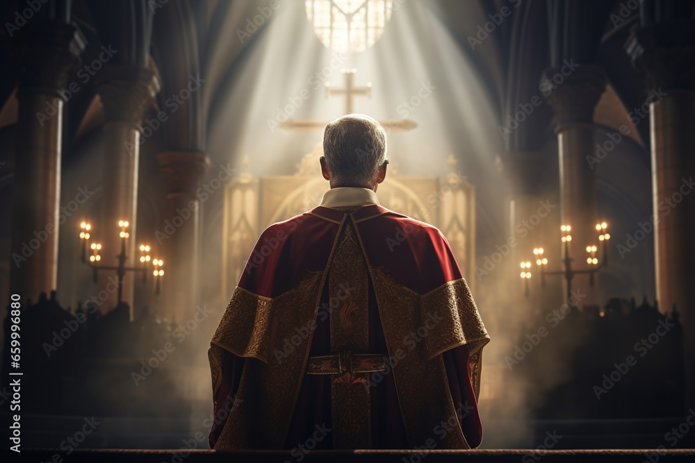 Rear view of priest looking at church interior. Religion concept.