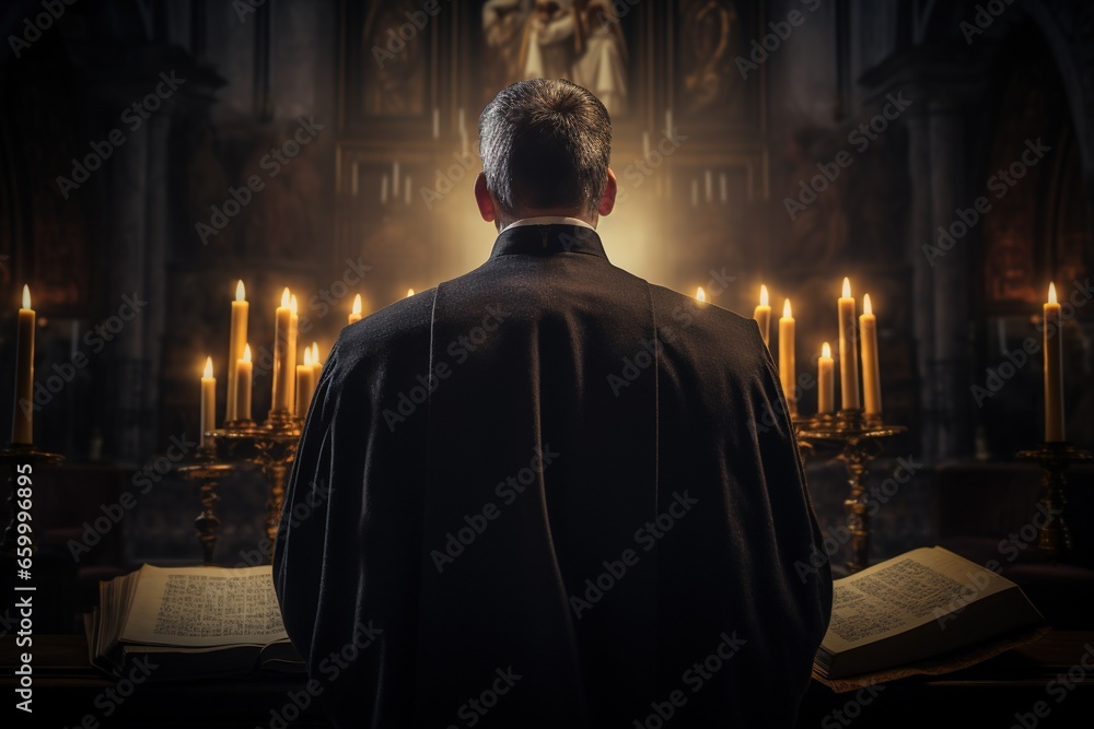 Naklejka premium Rear view of priest looking at church interior. Religion concept.